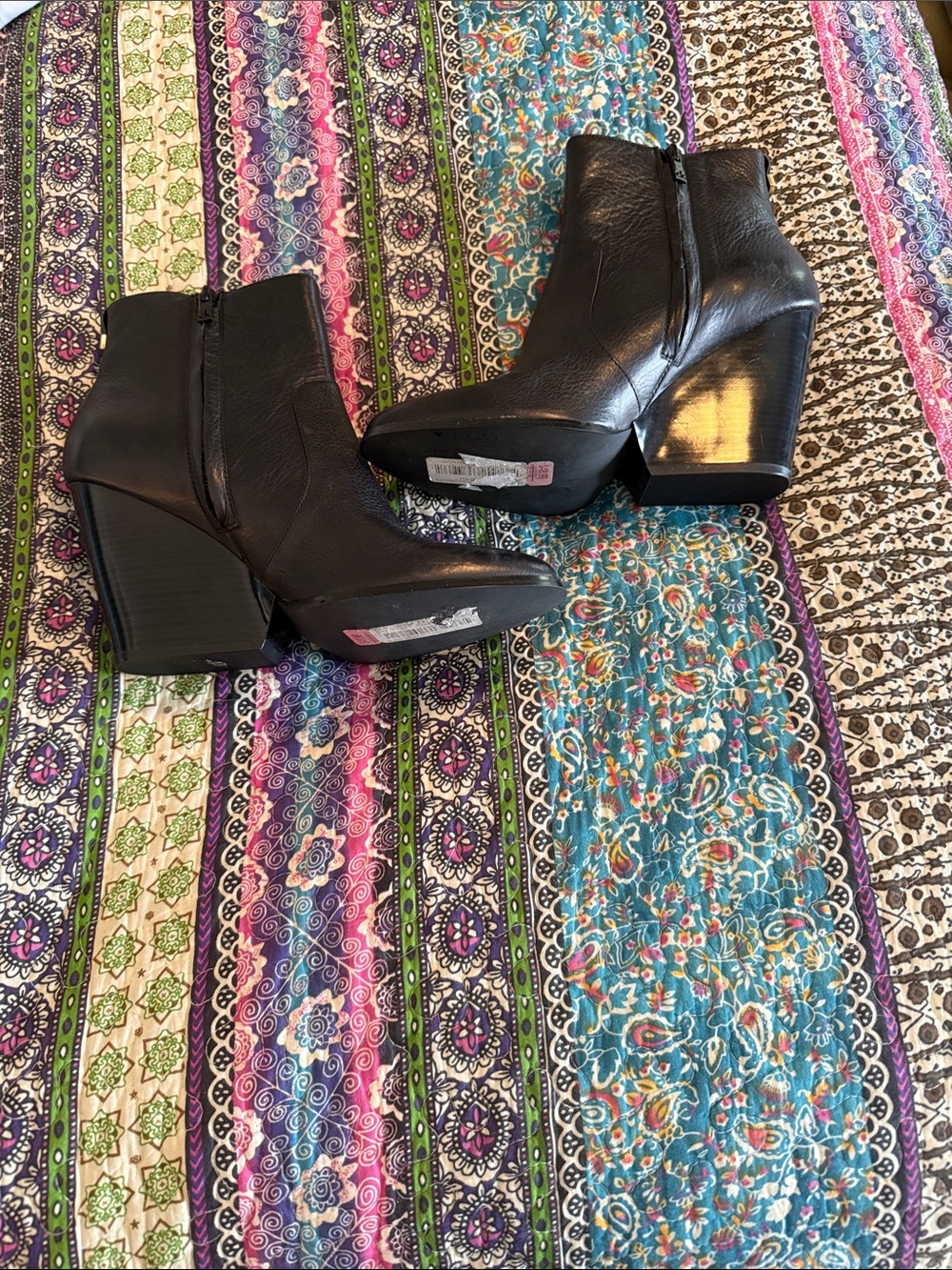 Calvin Klein Black Leather Ankle Booties with Block Heel (Zipper)
